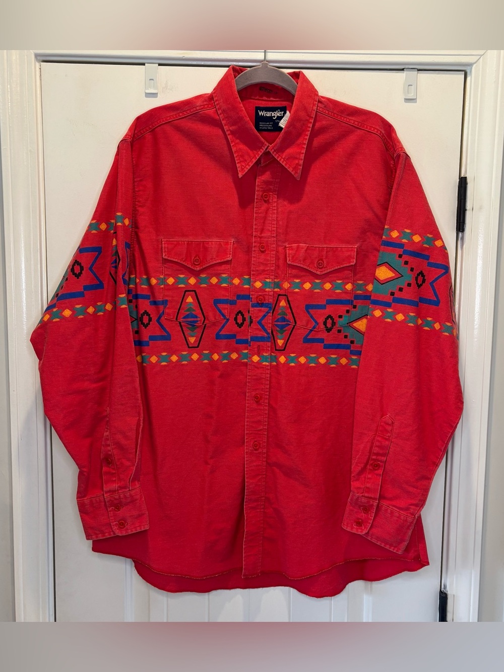 VTG Wrangler Shirt Mens XL XL-Tails Red Brushpopper Aztec Southwestern Western